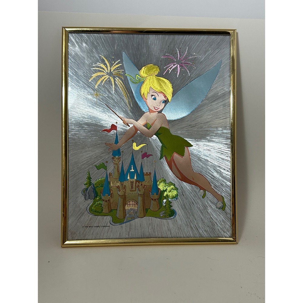 Vintage Disney Tinker Bell Foil Art Framed Sleeping Beauty Castle Pixie Dust